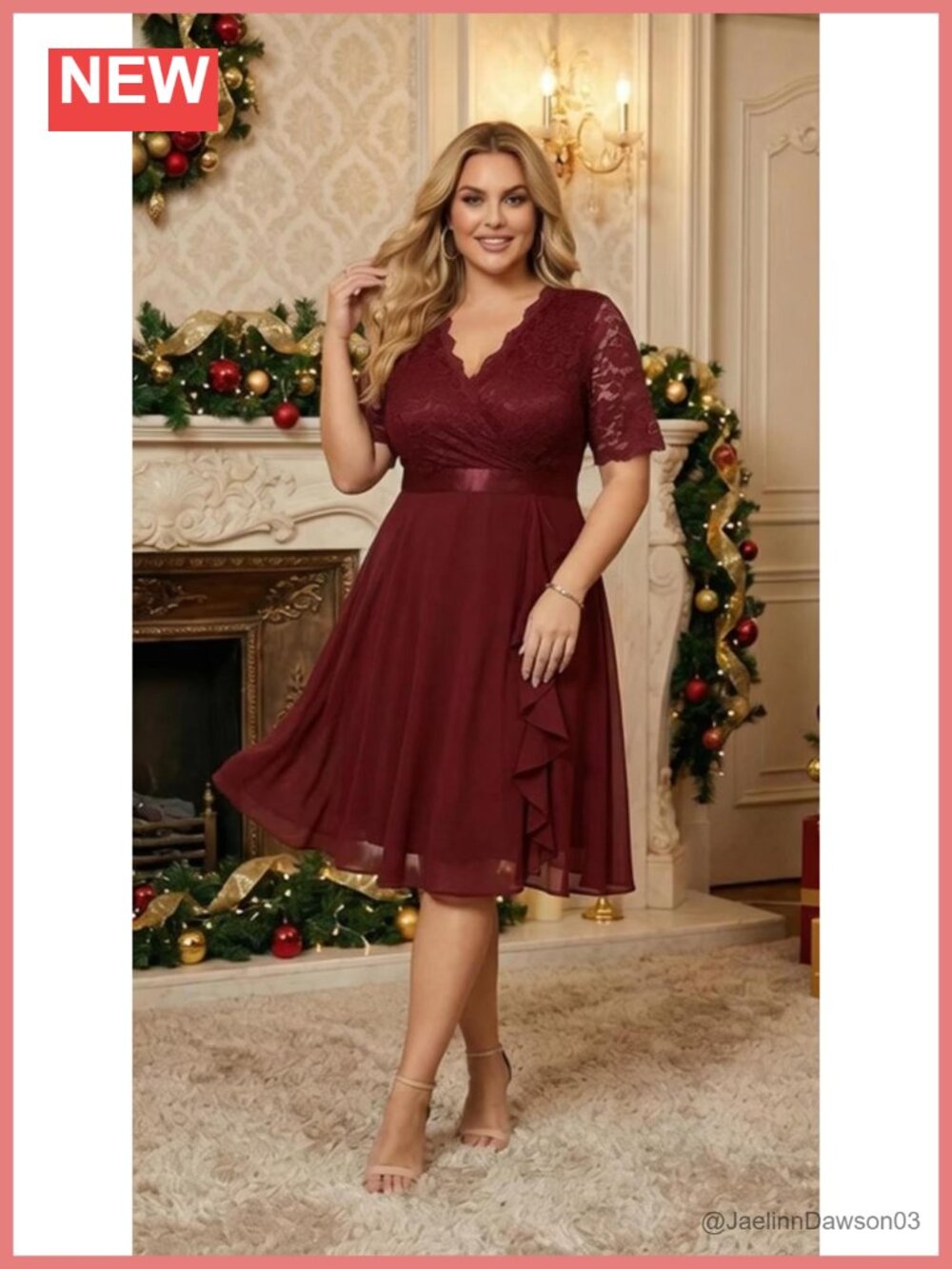 Talisea Plus Size Lace Chiffon Ruffle Tea Length Dress - Picture 5 of 6